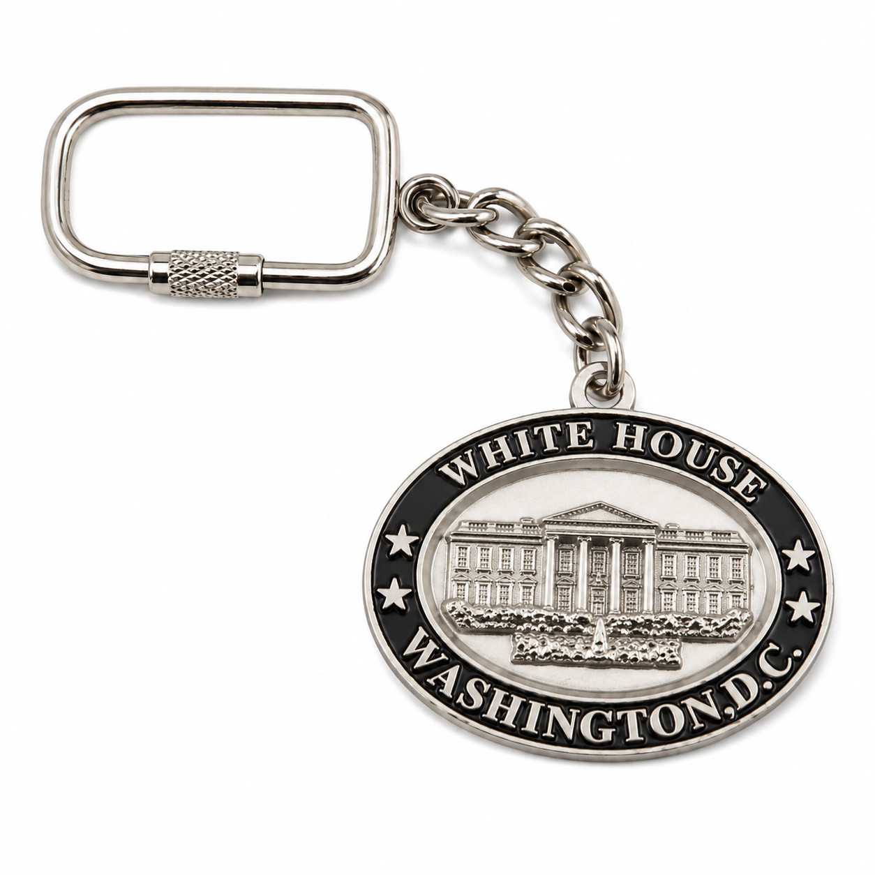 Silver keychain with 'White House Washington D.C.' design on a white background