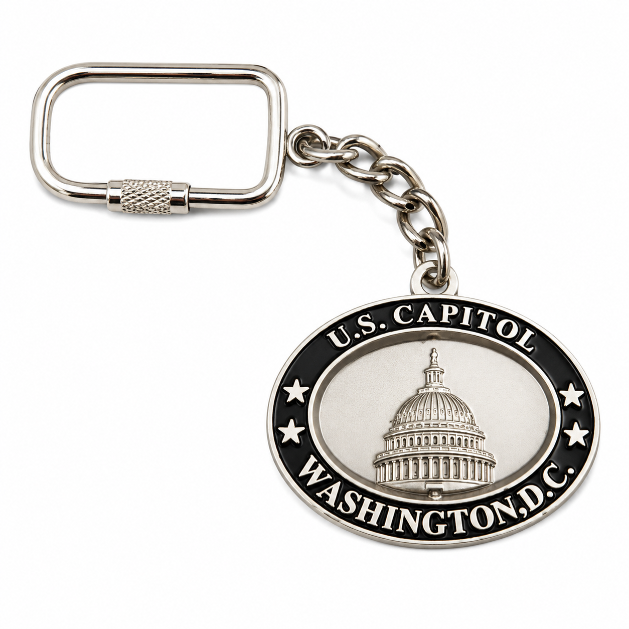 Silver Keychain of 'U.S Capitol with the words 'Washington D.C' at the bottom with the building of the capitol placed in the center.