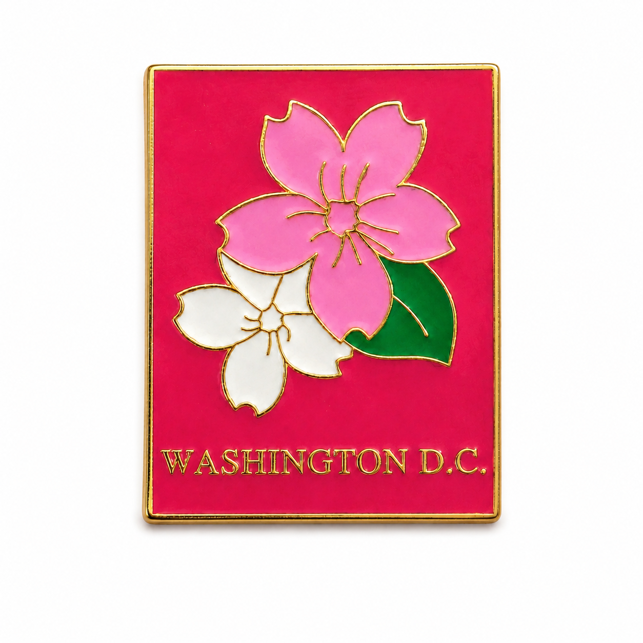 A rectangular enamel pin featuring a bright pink background with two flowers outlined in gold: a large pink blossom, a smaller white blossom, a green leaf, and the text 'WASHINGTON D.C.