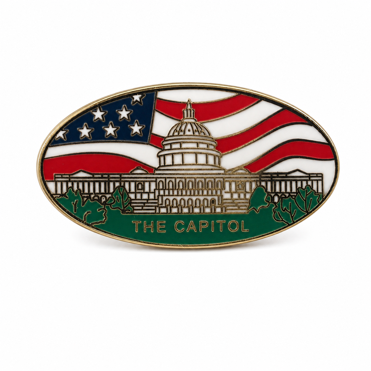 A lapel pin featuring the U.S. Capitol building with an American flag background and the text 'THE CAPITOL'.