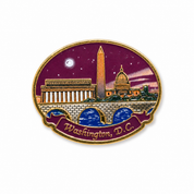 An oval enamel lapel pin featuring the Washington, D.C.