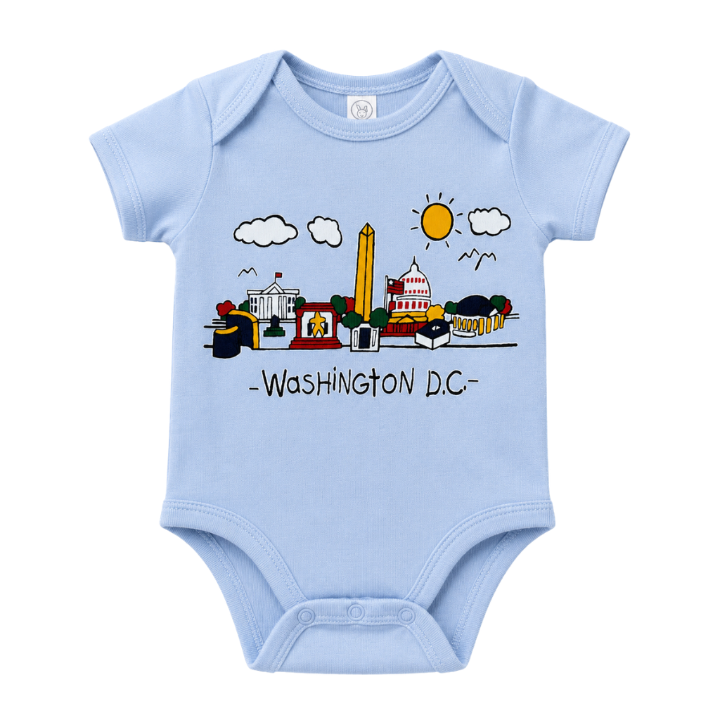 Light blue baby onesie with Washington D.C. landmarks illustration on a white background