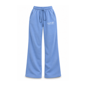 Light blue wide-leg sweatpants with a drawstring waist and a small white script logo on the left thigh, shown against a plain white background.
