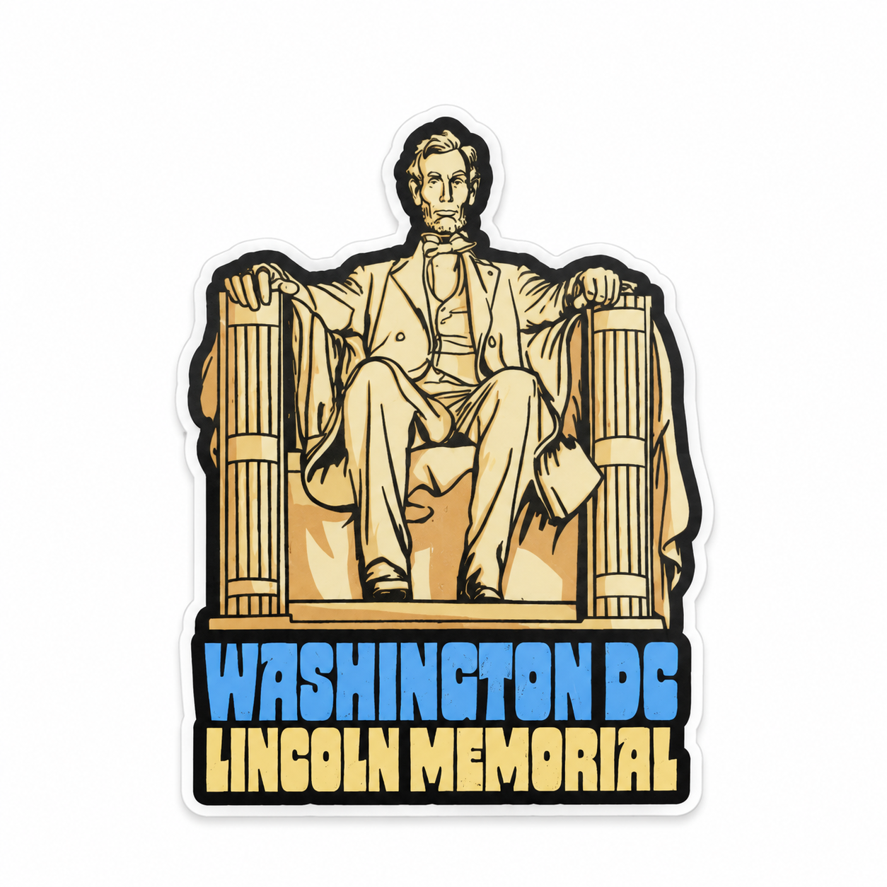 A die-cut sticker featuring a stylized illustration of Abraham Lincoln seated in the Lincoln Memorial, with the text 'WASHINGTON DC LINCOLN MEMORIAL' below in blue and yellow lettering on a white background.