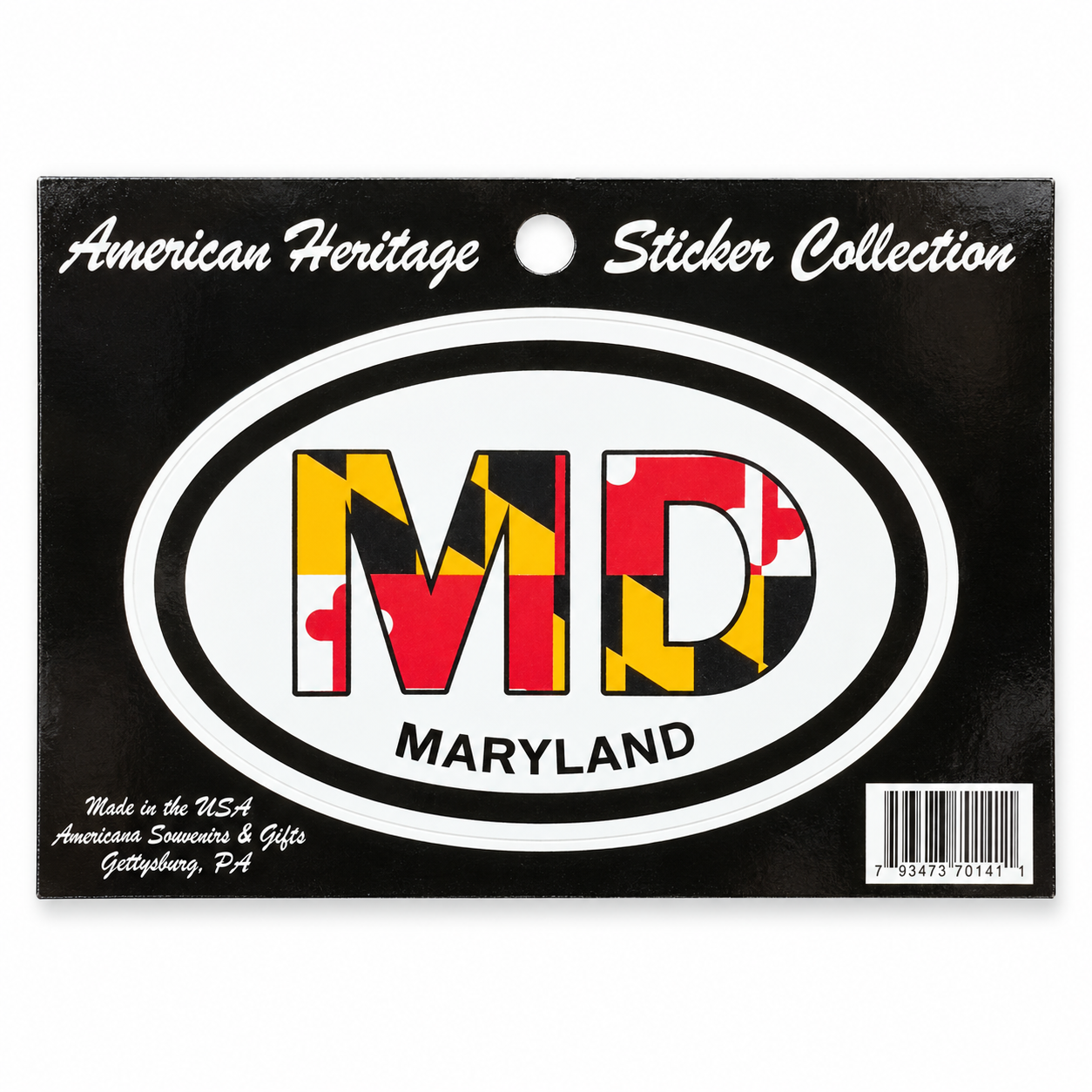 A Maryland sticker from the American Heritage Sticker Collection, featuring the state flag patterned 'MD' letters inside a white oval with a black border and 'MARYLAND' text below, mounted on a black backing card.