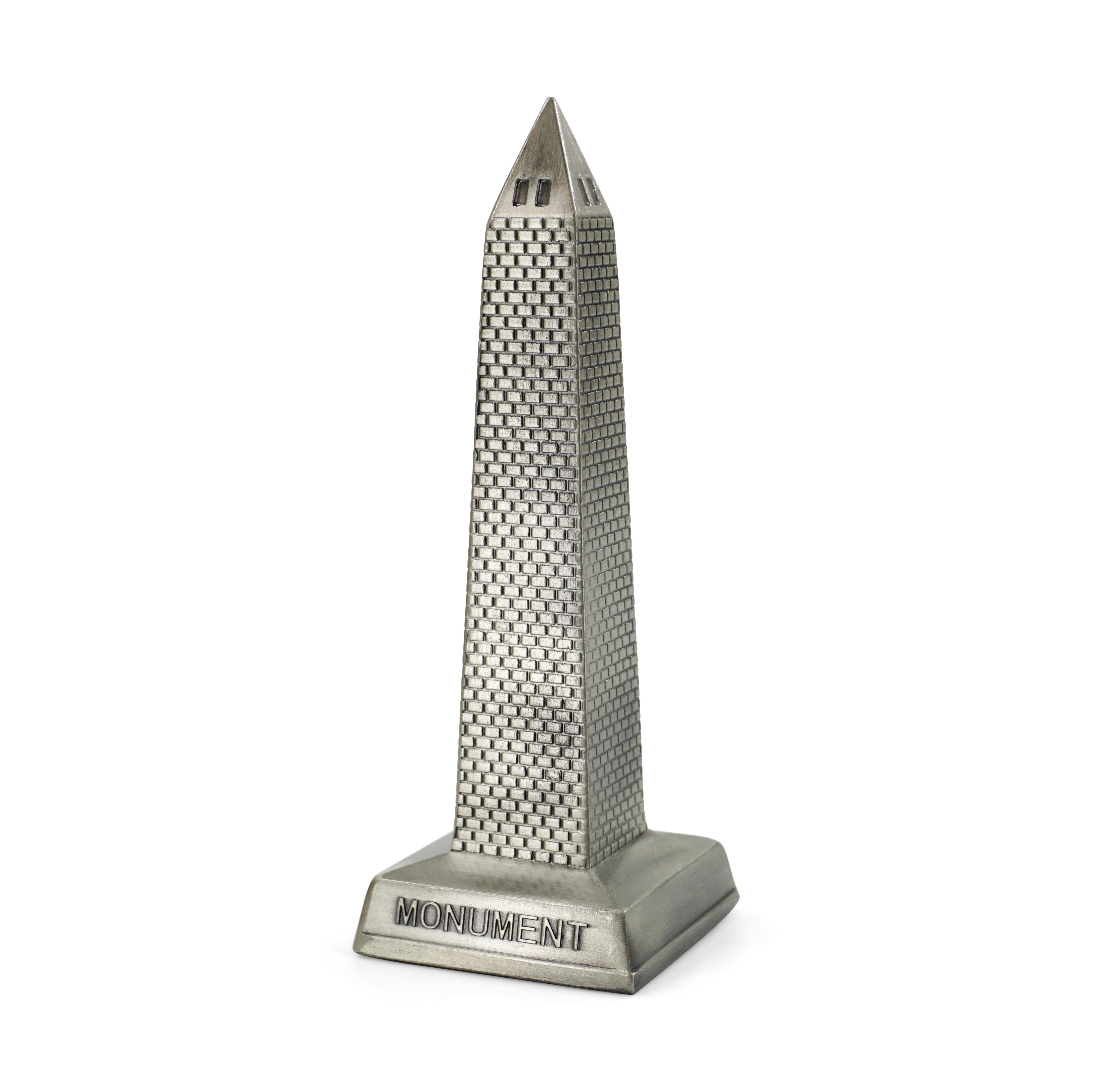 Metallic model of a tower of Washington Monument  with 'Monument' branding on a white background