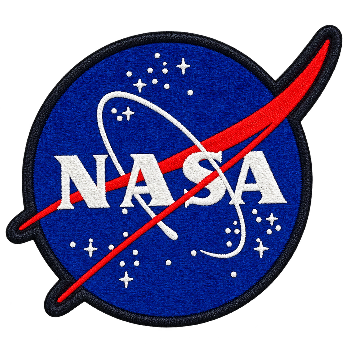 An embroidered NASA patch featuring the classic blue circle with a red delta wing, white orbital path and 'NASA' text, and small white stars, outlined in black.
