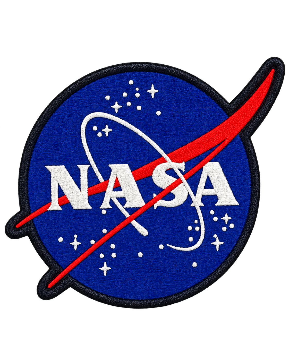 An embroidered NASA patch featuring the classic blue circle with a red delta wing, white orbital path and 'NASA' text, and small white stars, outlined in black.