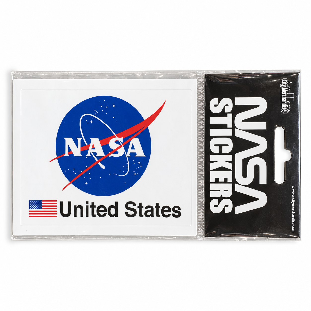 Pack of NASA stickers in retail packaging, featuring the classic blue, red, and white NASA logo and 'United States' text with a small American flag, on a white background.