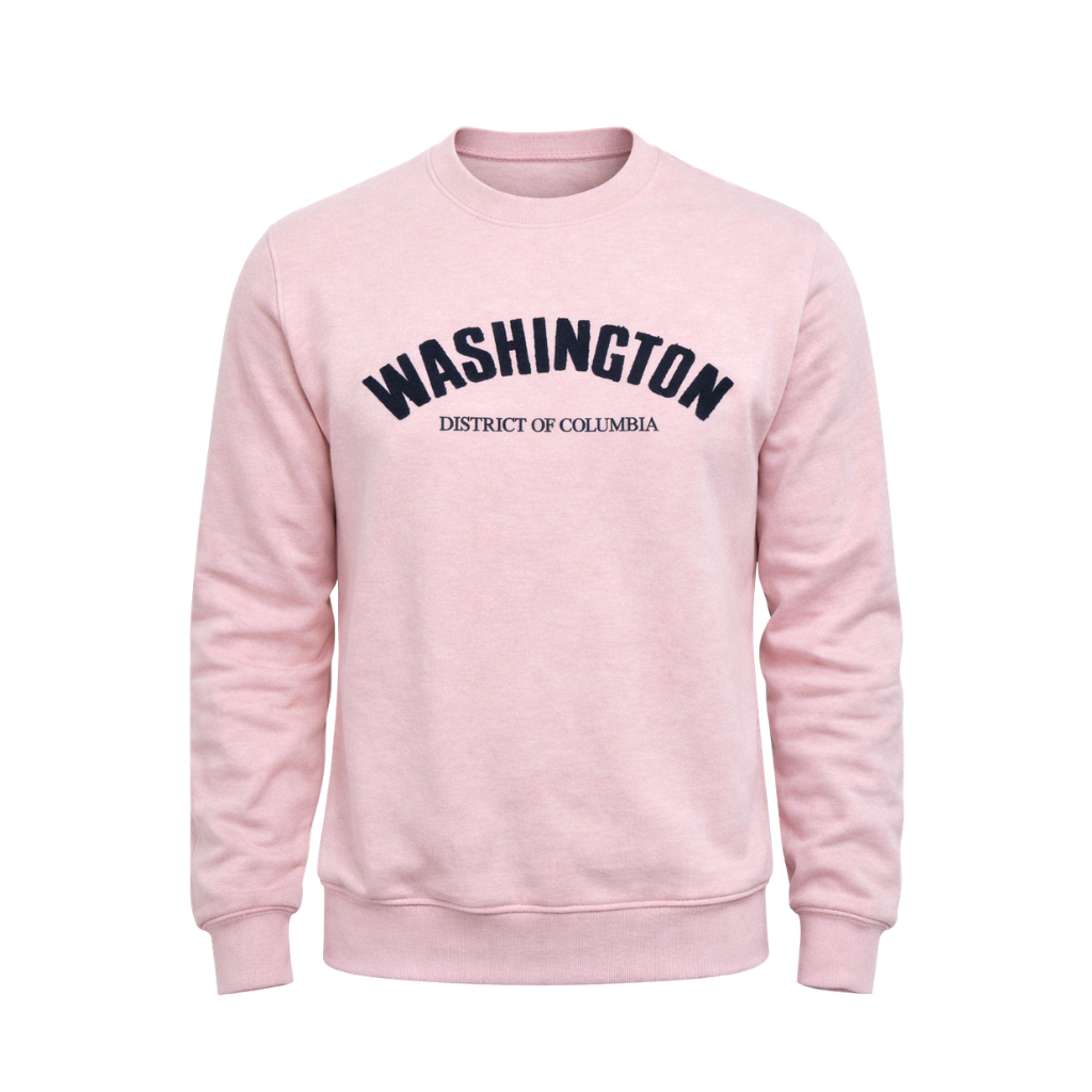 Pink sweatshirt with 'Washington District of Columbia' text on a white background