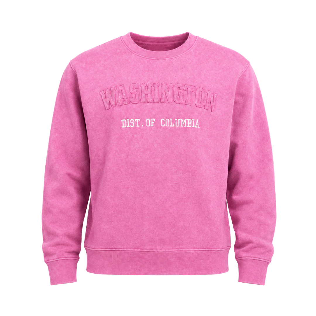 Pink sweatshirt with 'Washington Dist. of Columbia' text on a white background