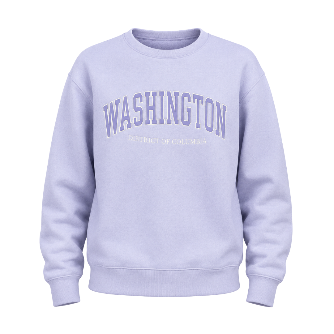 Light purple sweatshirt with 'Washington' text on a white background
