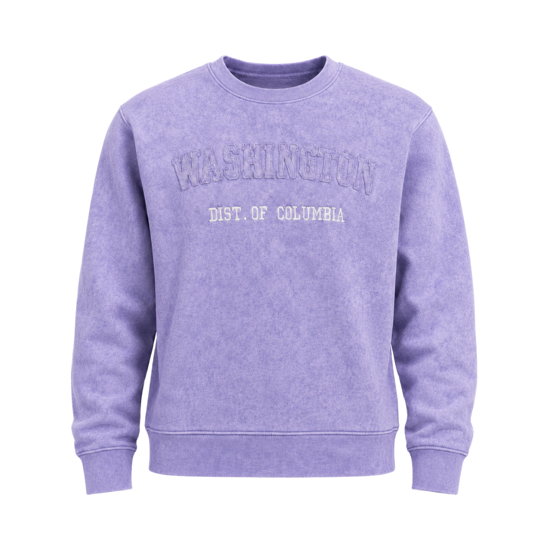 Purple sweatshirt with 'Washington Dist. of Columbia' text on a white background