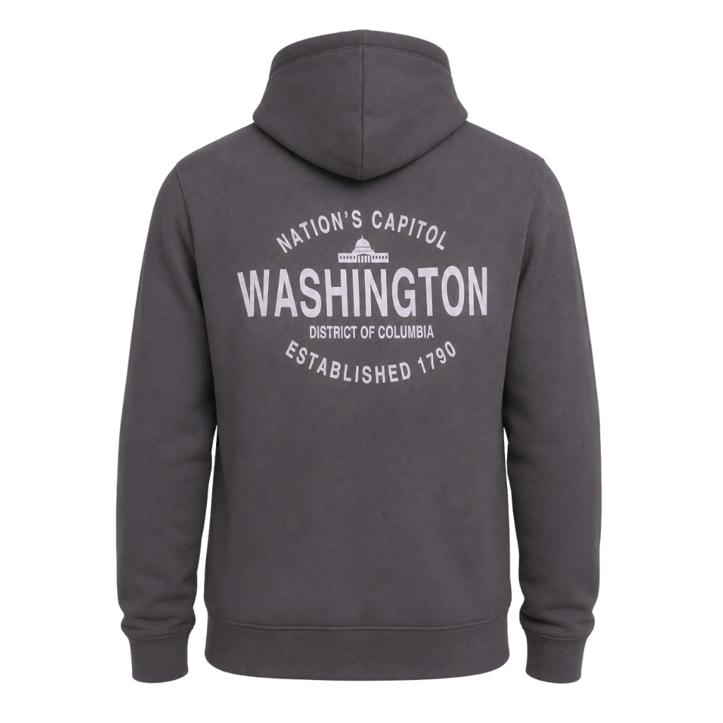 A dark gray hooded sweatshirt shown from the back, featuring a white graphic print that reads 'Nation's Capitol WASHINGTON District of Columbia Established 1790' with a small Capitol dome illustration.