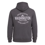 A dark gray hooded sweatshirt shown from the back, featuring a white graphic print that reads 'Nation's Capitol WASHINGTON District of Columbia Established 1790' with a small Capitol dome illustration.