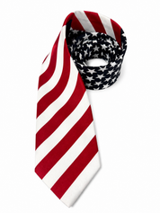 Red and white striped tie with a dark navy and white patterned bow tie on a white background