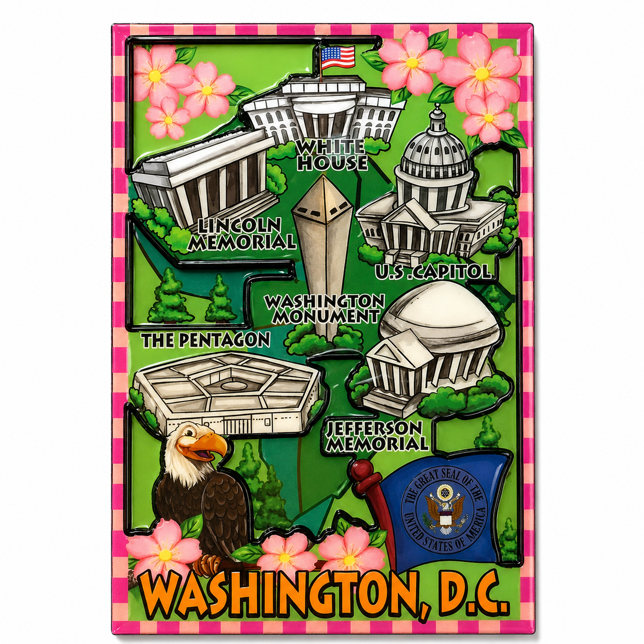 A rectangular Washington, D.C. magnet highlighting key Landmarks like the White House, Lincoln Memorial, and the Washington Monument among others.