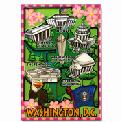 A rectangular Washington, D.C. magnet highlighting key Landmarks like the White House, Lincoln Memorial, and the Washington Monument among others.
