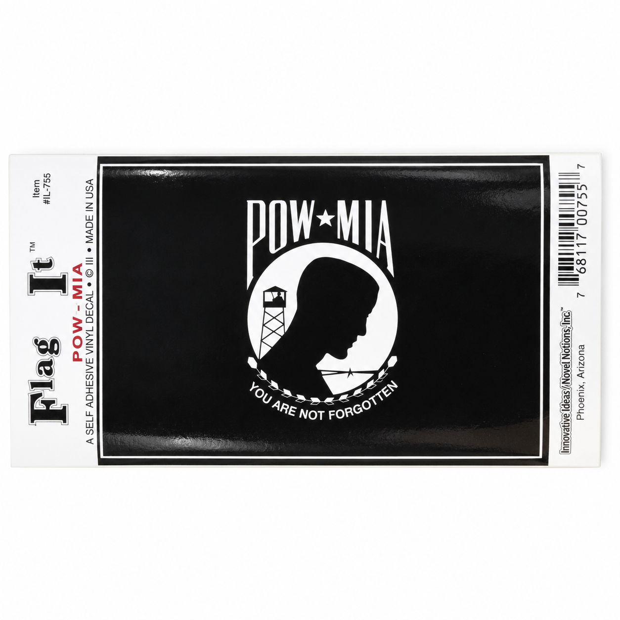 A packaged black vinyl decal sticker with a white POW-MIA design, shown on a white background. The top header reads 'Flag It' and includes the text 'POW-MIA' and 'A SELF ADHESIVE VINYL DECAL.