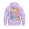 A light purple hoodie shown from the back, featuring a colorful retro floral graphic with the text 'GOOD THINGS TAKE TIME' in pink letters.