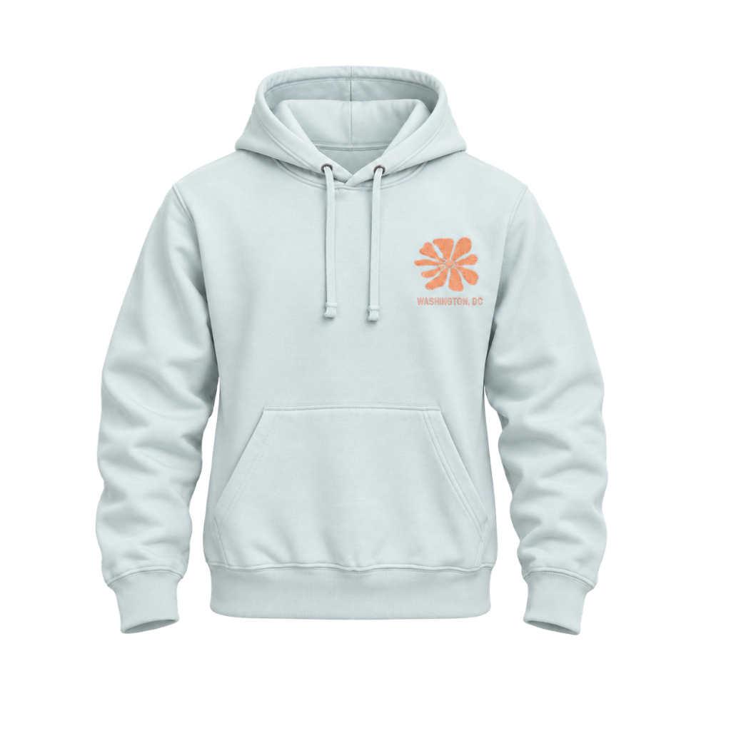 A pale mint pullover hoodie with a small orange flower graphic and the text 'WASHINGTON DC' printed on the left chest, shown against a plain white background.