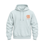 A pale mint pullover hoodie with a small orange flower graphic and the text 'WASHINGTON DC' printed on the left chest, shown against a plain white background.