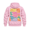 A light pink pullover hoodie shown from the back, featuring a colorful retro-style graphic with flowers and the text 'GOOD THINGS TAKE TIME' in pink, yellow, orange, green, and blue.