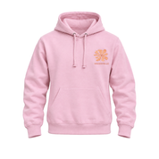 A light pink pullover hoodie with a drawstring hood, kangaroo pocket, and a small orange graphic on the left chest reading 'WASHINGTON DC'.
