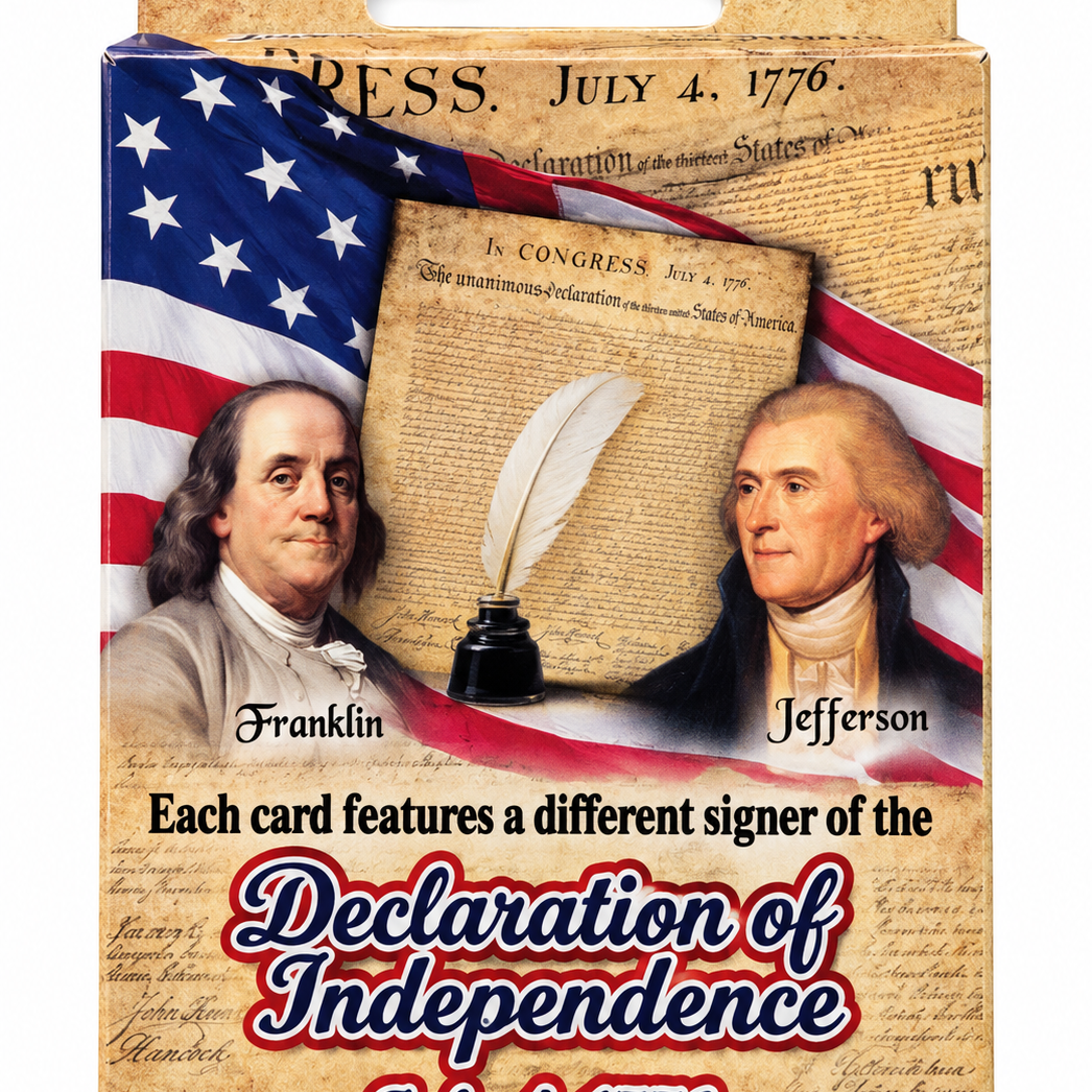 A boxed card game featuring American historical theme artwork with portraits of Benjamin Franklin and Thomas Jefferson, an old flag, a feather quill, and the Declaration of Independence text on a parchment-style background.