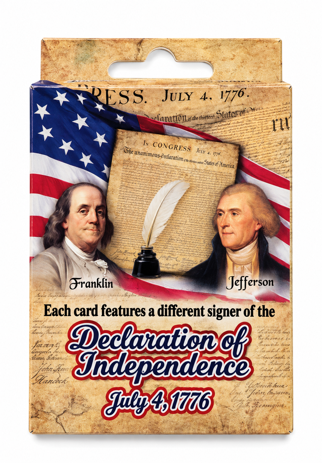 A boxed card game featuring American historical theme artwork with portraits of Benjamin Franklin and Thomas Jefferson, an old flag, a feather quill, and the Declaration of Independence text on a parchment-style background.