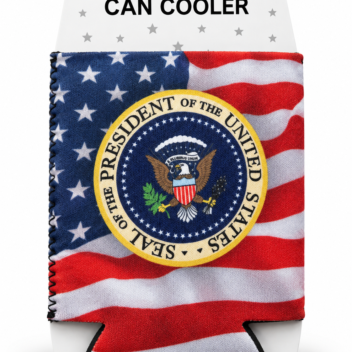 A patriotic can cooler featuring the American flag and the Presidential Seal, shown on its white retail hanger card labeled 'CAN COOLER'.