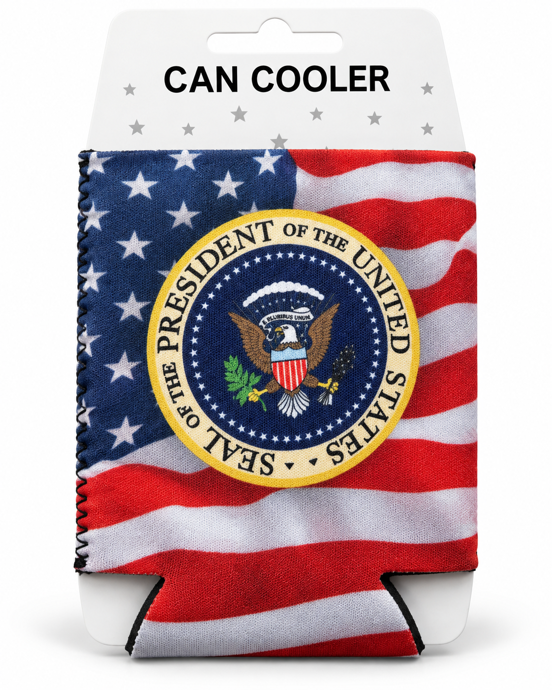 A patriotic can cooler featuring the American flag and the Presidential Seal, shown on its white retail hanger card labeled 'CAN COOLER'.