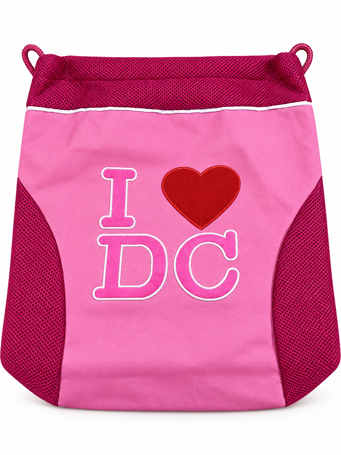 A pink drawstring bag with dark pink mesh side panels and top trim, featuring a red heart and the text 'I DC' in pink on the front.