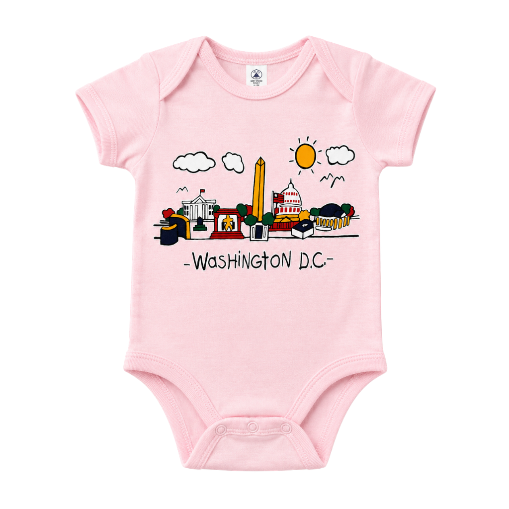 Pink baby onesie with Washington DC landmarks illustration on a white background