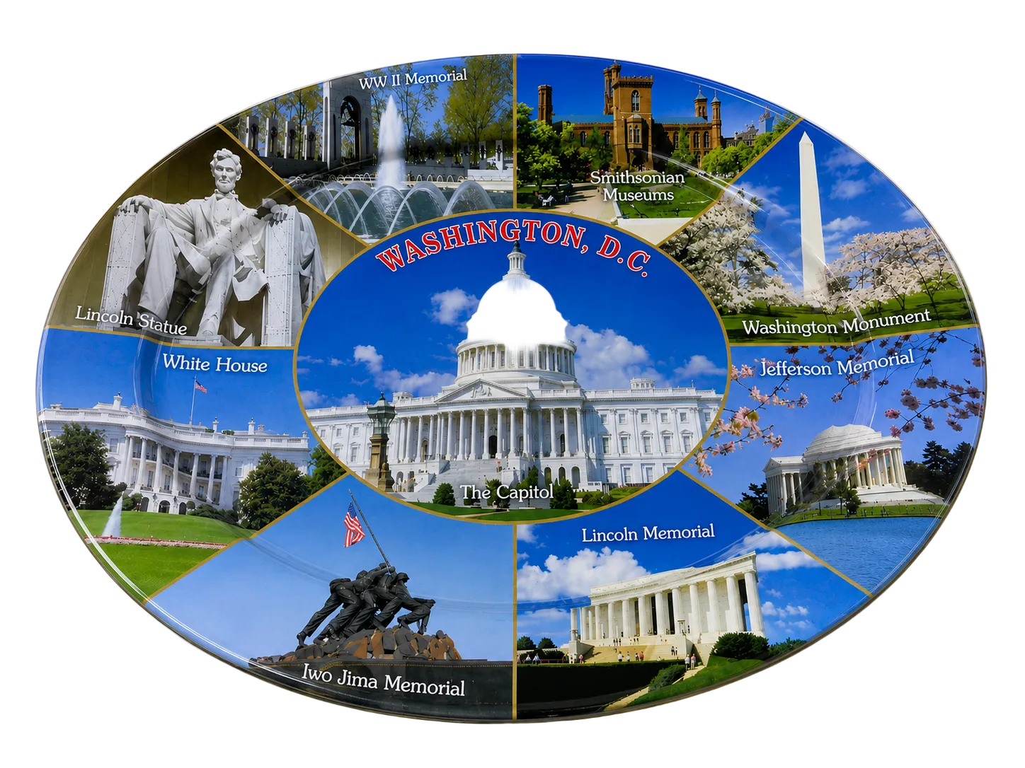 An oval travel collage print of Washington, D.C.