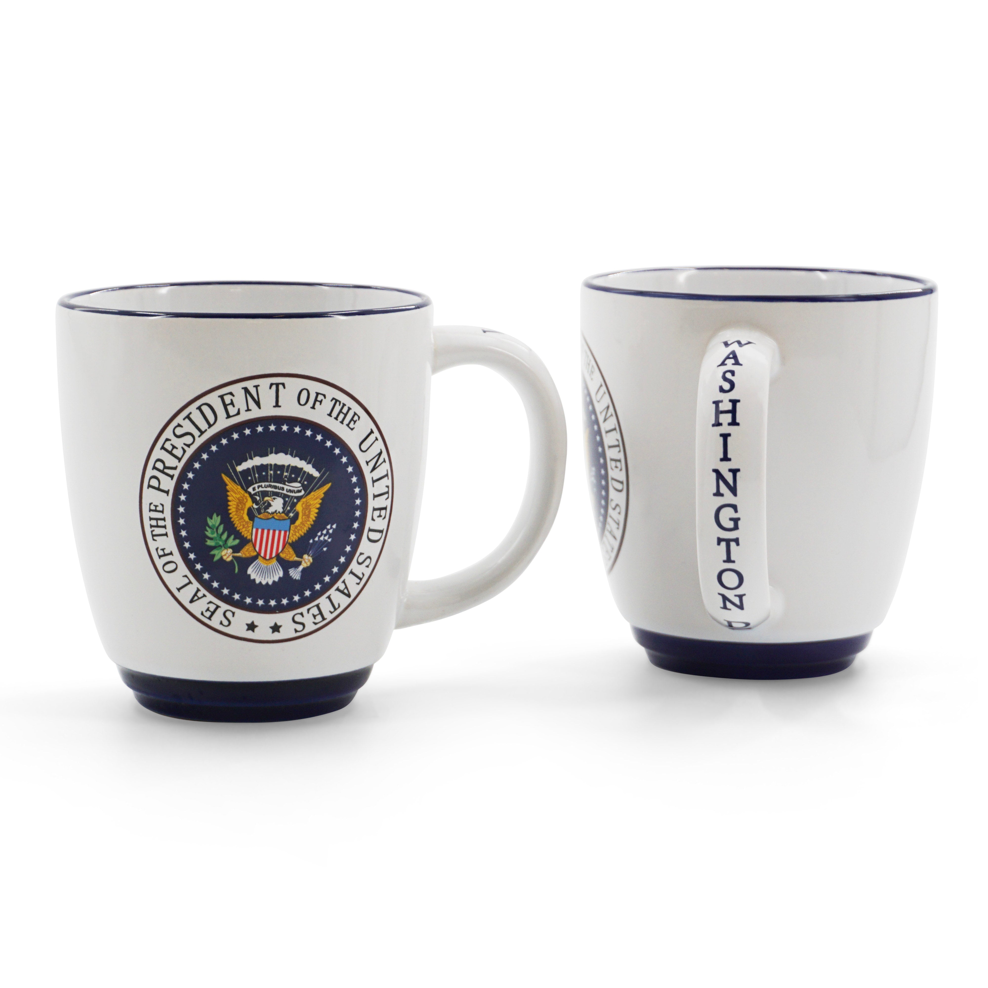 A white ceramic coffee mug with the official Presidential Seal printed on the side and the words 'Washington' on the handle.