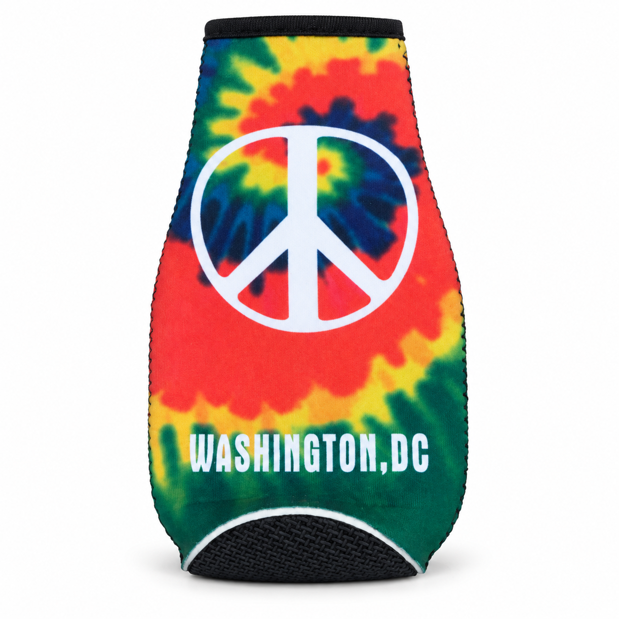 A neoprene can cooler sleeve featuring a vibrant tie-dye pattern in red, orange, yellow, green, and blue. It has a large white peace sign printed in the center and the text 'WASHINGTON,DC' in white at the bottom, shown against a plain white background.