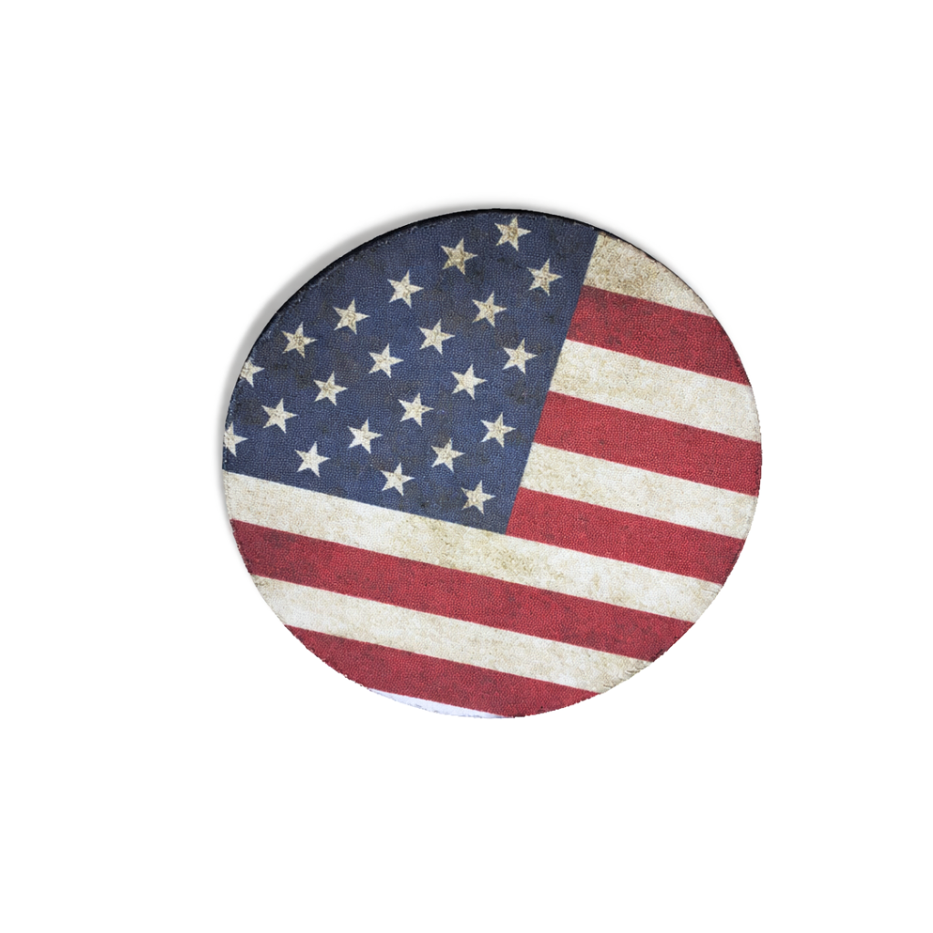 Round coaster with American flag design on a white background