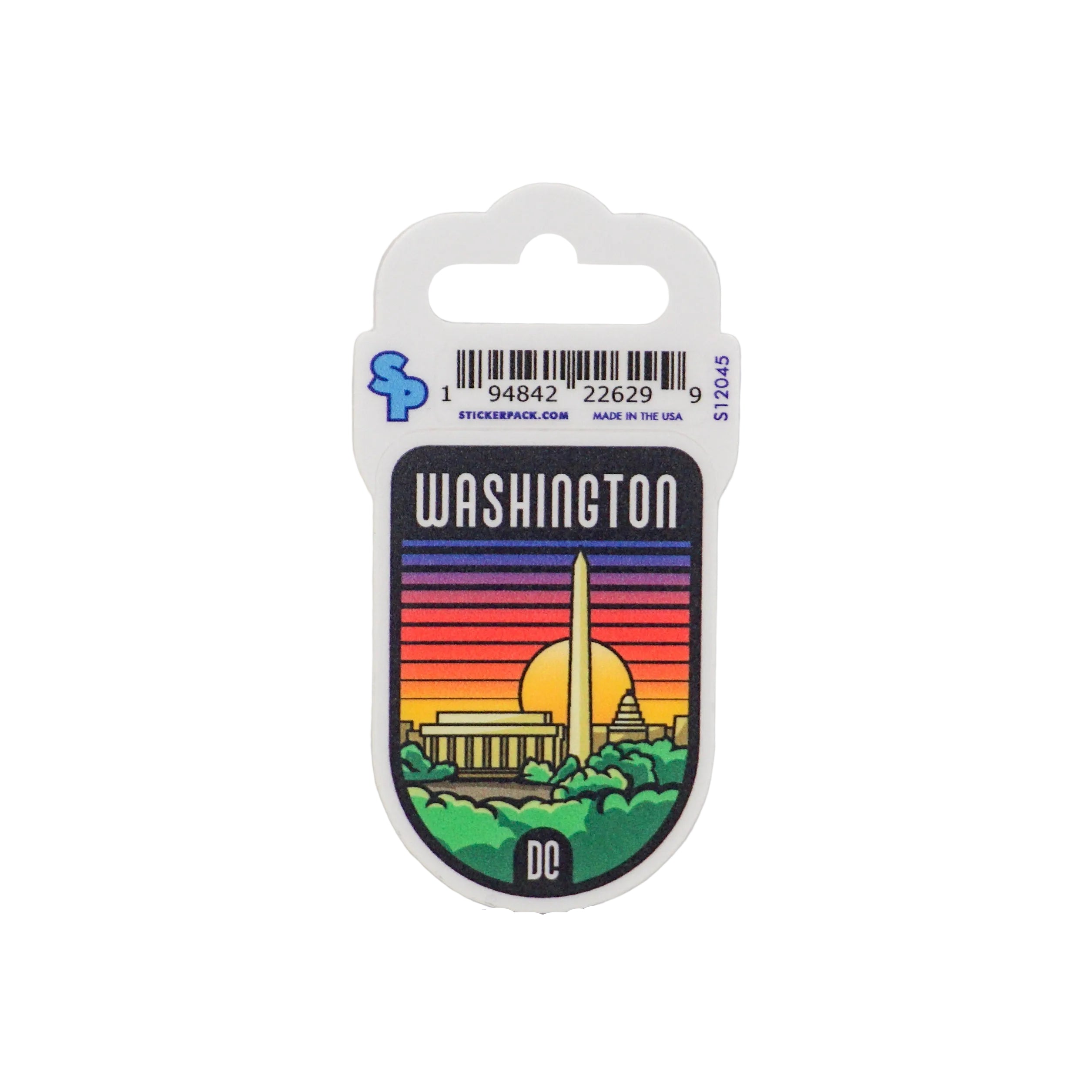 Sticker of Washington DC in packaging on a gray background