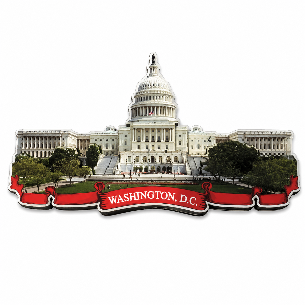 A die-cut sticker or magnet featuring a scenic view of the United States Capitol building in Washington, D.C.
