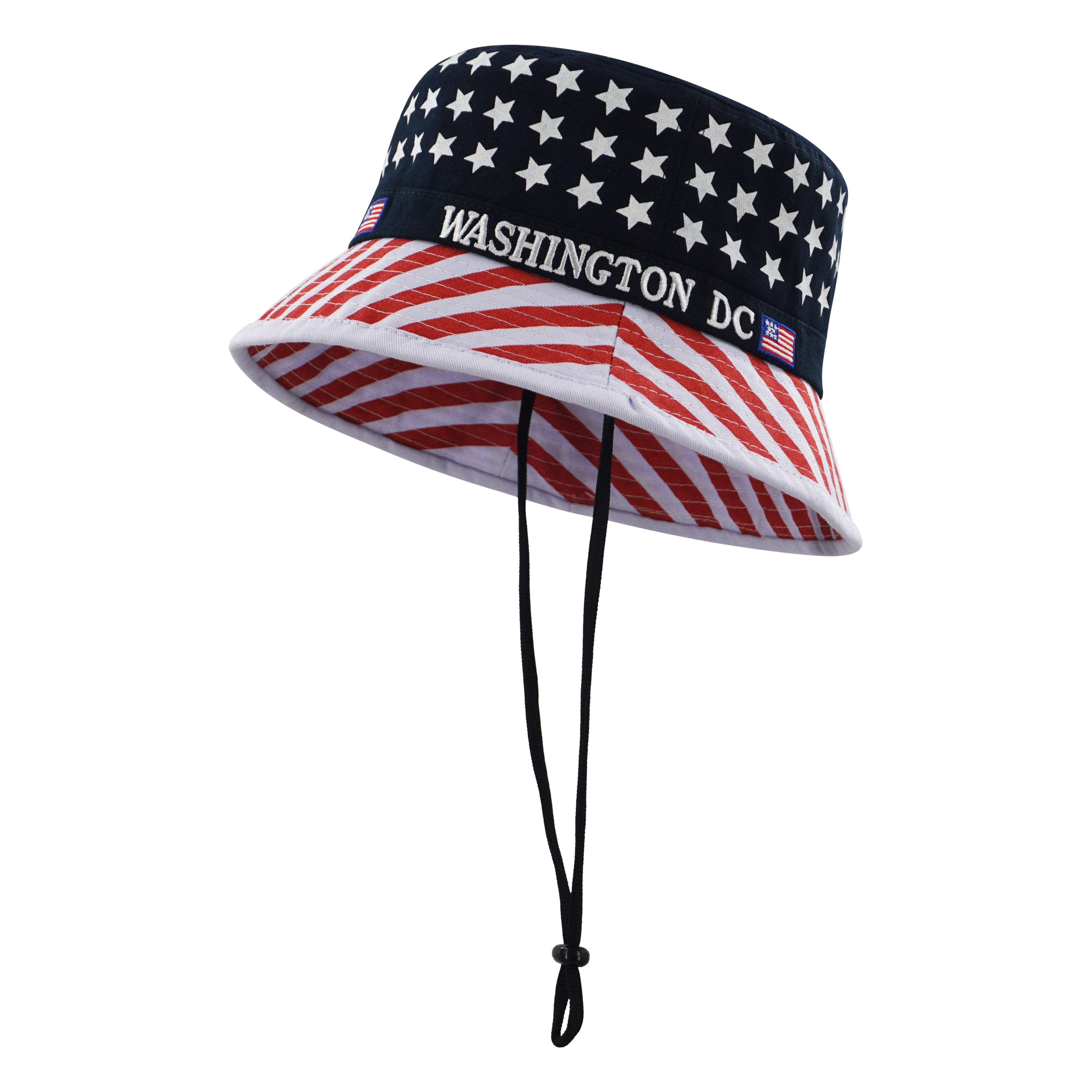 Bucket hat with American flag design and 'Washington DC' text on a white background