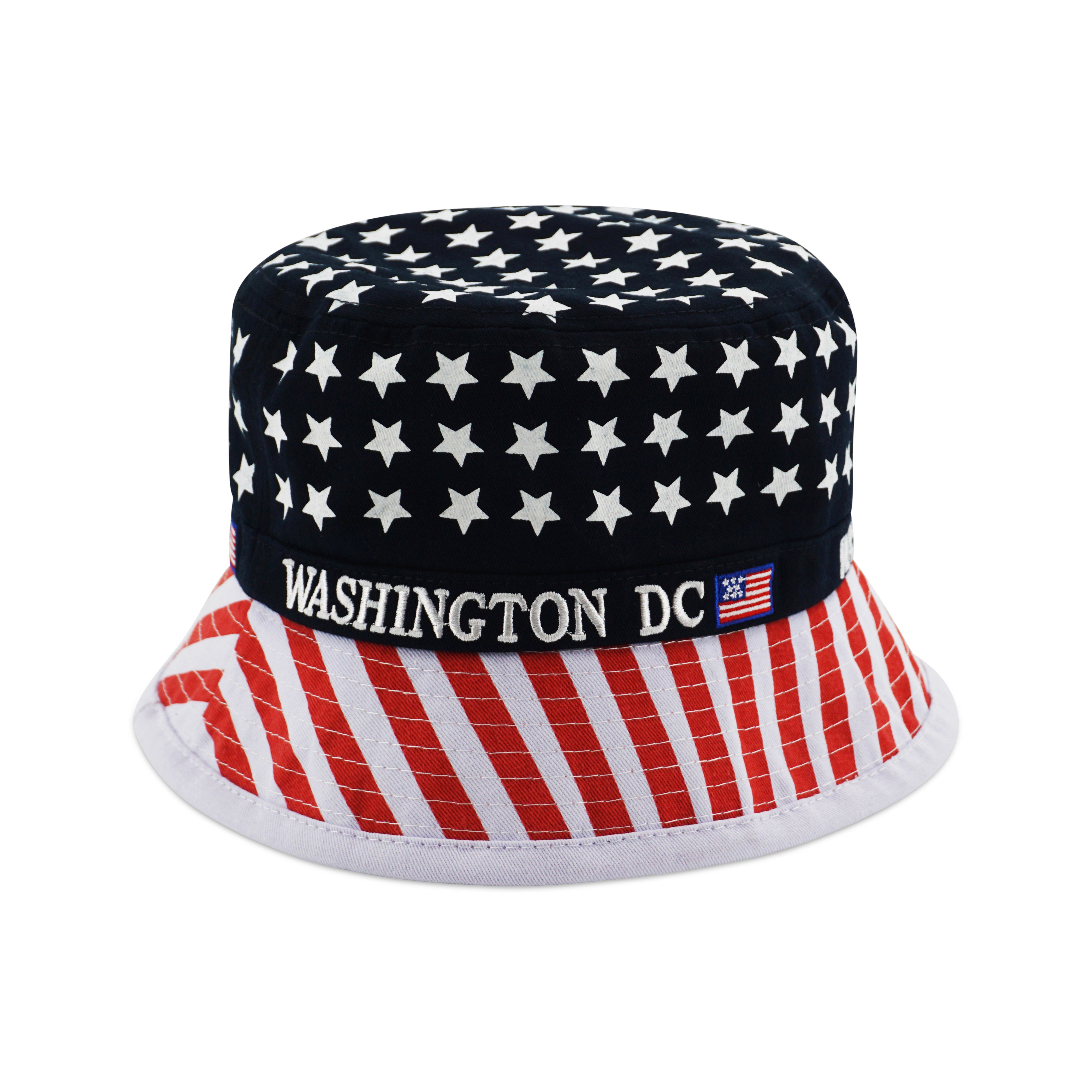 Bucket hat with American flag design and 'Washington DC' text on a white background