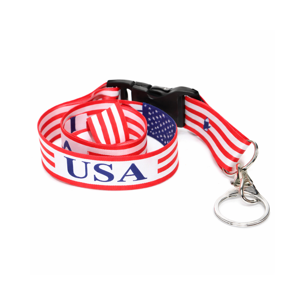 Lanyard with American flag design and 'USA' text on a white background