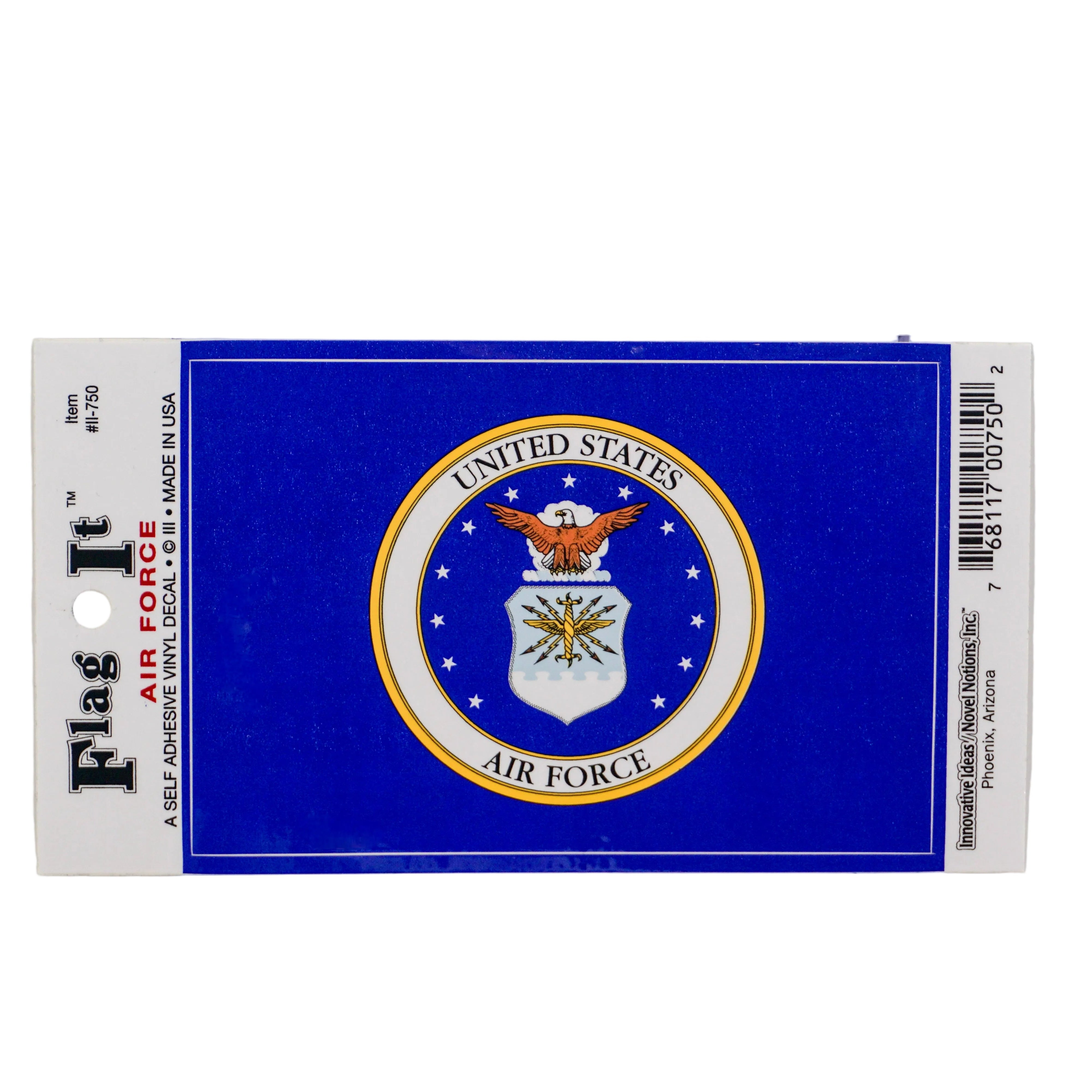 A miniature United States Air Force flag sticker or decal, featuring the official Air Force seal on a royal blue background, with a white header strip on the left side labeled 'Flag It' and 'AIR FORCE'.
