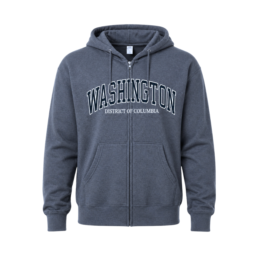Gray hoodie with 'Washington District of Columbia' text on a white background