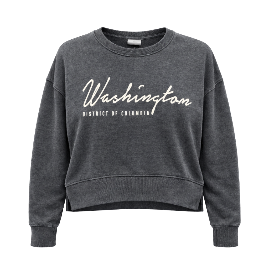 Dark gray sweatshirt with 'Washington District of Columbia' text on a white background