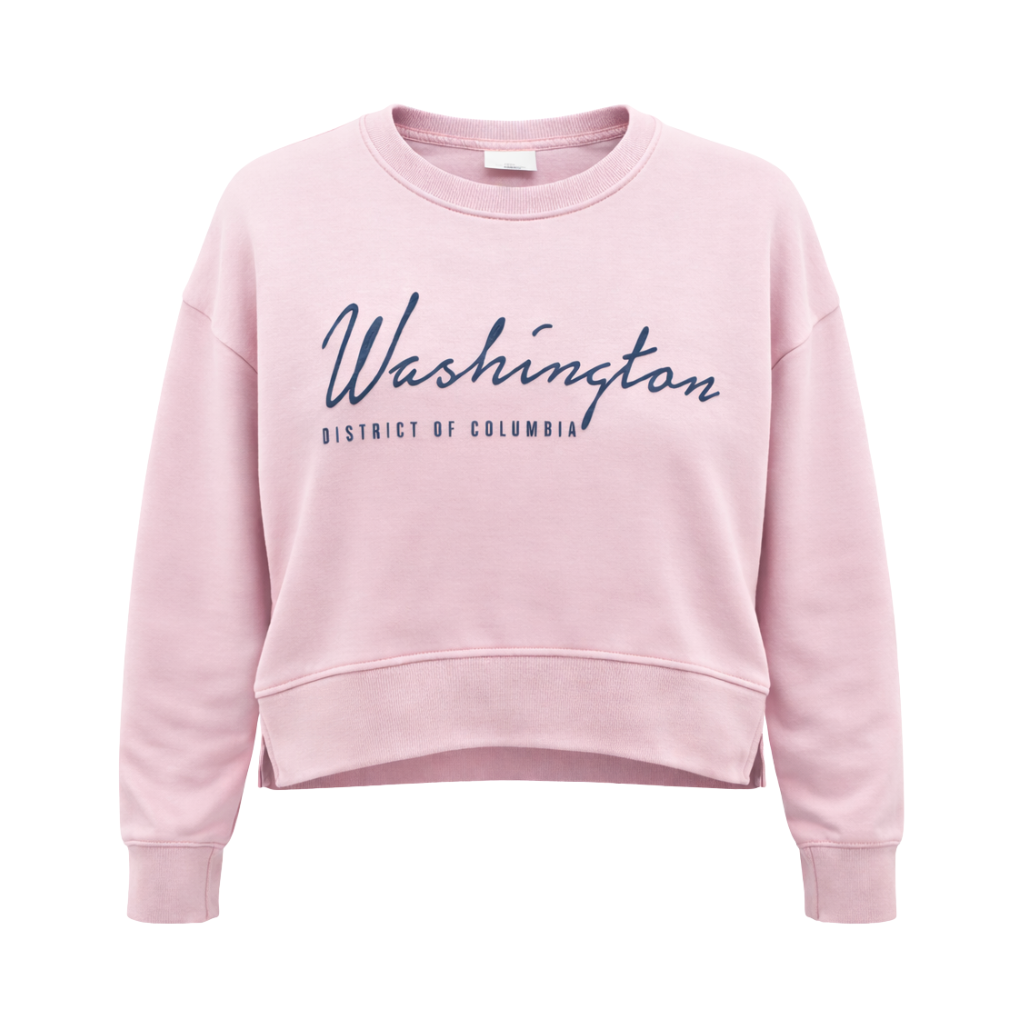 Pink sweatshirt with 'Washington District of Columbia' text on a white background