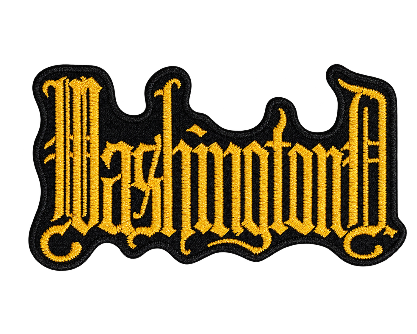 A stylized embroidered patch featuring the word 'Washington' in a bold, gothic-style yellow font outlined in black.