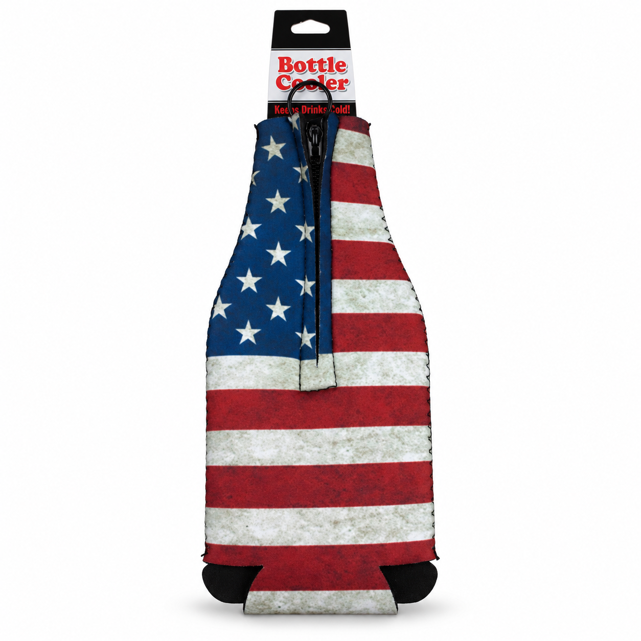 A neoprene bottle cooler with a distressed American flag print, featuring red and white stripes and white stars on a blue field. It has a black zipper and a black plastic hanger with a 'Bottle Cooler' label at the top, shown against a plain white background.