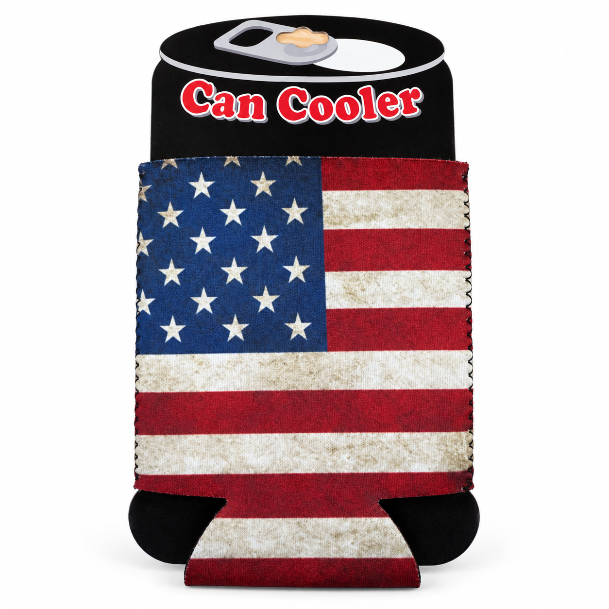 A beverage can cooler sleeve featuring a distressed American flag design, shown on a black can cooler insert with a silver pull tab at the top. The text 'Can Cooler' is printed in red and white on the upper section.